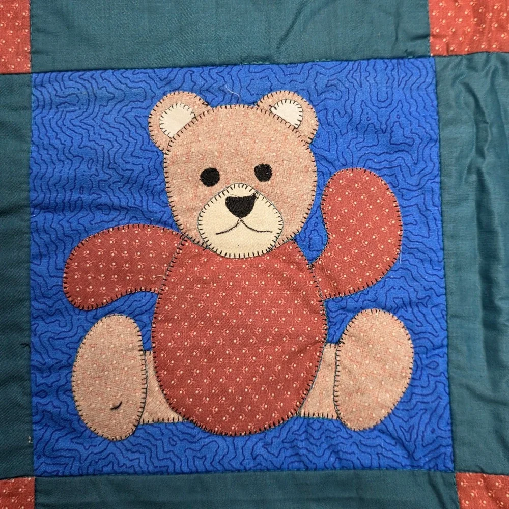 Handmade Teddy Bear Patchwork Quilt Wall Hanging Blue Teal Red Brown Nursery